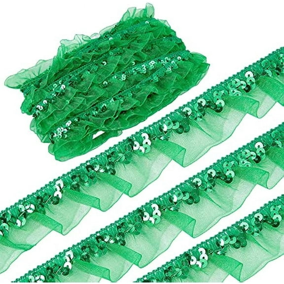 13Yds Lime Green Satin Organza Sequin Lace Gathered Mesh Stretch Pleated Lace Fabric Trim 1-1 8 Ruffled
