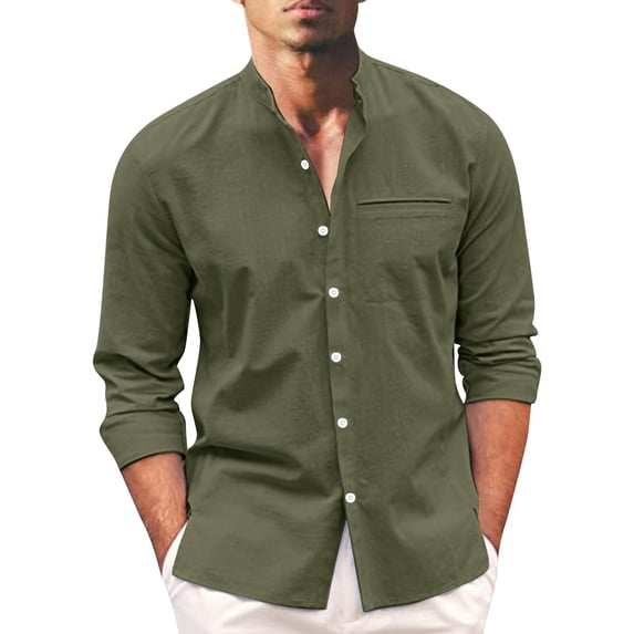 Mens Spring And Summer Shirt Fashion Collarless Casual Solid Color Cotton And Linen Collar Button Long Sleeve Shirts For Men Breathable Top