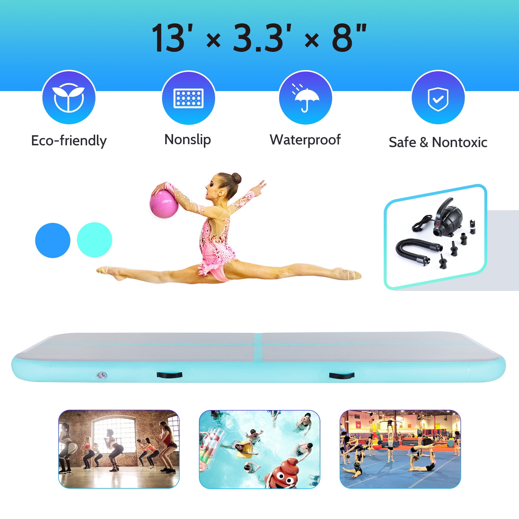 13ft Air Track Gymnastics and Yoga Mat for Home Gym and Outdoors, Mint/Gray w/ Air Pump