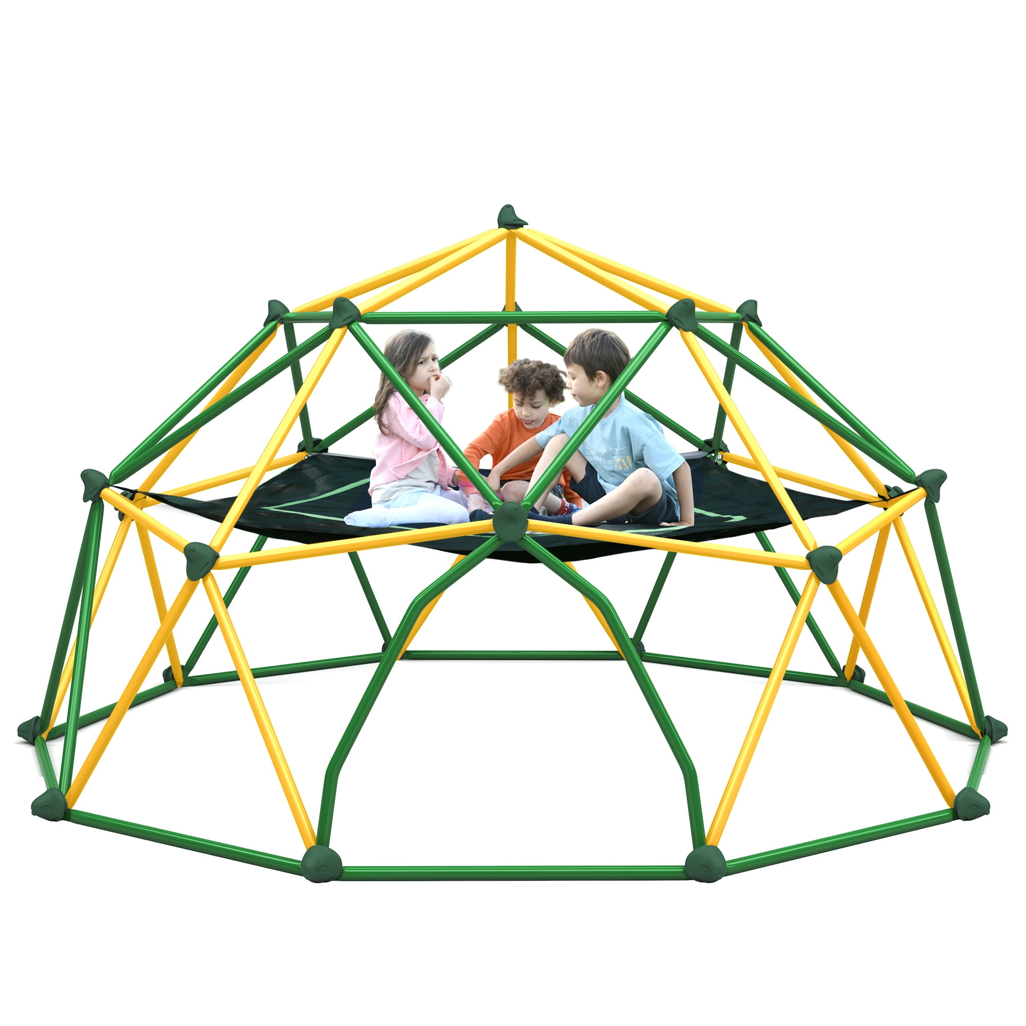13ft Geometric Dome Climber Play Center for Kids, Climbing Dome Tower with Hammock, Rust & UV Resistant Steel Supporting 1000 LBS, Green & Yellow Outdoor Jungle Gym