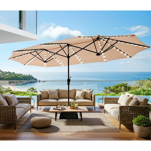 13ft Outdoor Patio Umbrella with Solar Lights, Double-sided Deck Pool Umbrella with 1.5 Inch Pole, Fade Resistant Canopy, 12 Sturdy Ribs, for Porch, Market, Backyard, Beige (No Base)