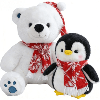 13in 2-Pack Christmas Polar Bear & Penguin Plush Toys for Kids & Adults, Soft Fluffy Stuffed Animals with Scarves, Winter Holiday Decor Plushie Set