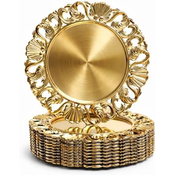 13in Charger Plates Set of 12- Antique Gold Chargers for Dinner Plates- Round Plastic Hollowed Plate Charger w/Embossed- Vintage Table Charger for Wedding, Party, Thanksgiving, Christmas