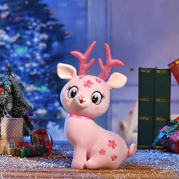 13in Glitter Antler Deer Plush - Pink & Brown Cotton Stuffed Animal, Holiday Decor & Festive Collectible Gift Pink