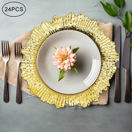 13in Gold Charger Plates 24 Quantity Round Plastic Reef Plate Chargers Place Mats for Restaurants, Home