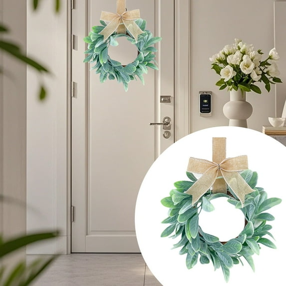 13in Mini Boxwood Wreath with Gold Satin Bow – Faux Eucalyptus Greenery Wreath for Kitchen Cabinet, Front Door, Wall, Indoor/Outdoor Holiday Farmhouse Decor