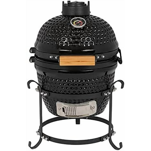 13in Round Ceramic Charcoal Grill, Ceramic Grill, 13" Round Kamado Charcoal Grill, Portable Barbecue Grill with Thermometer for Variations on Cooking Methods,Black$$Garden &