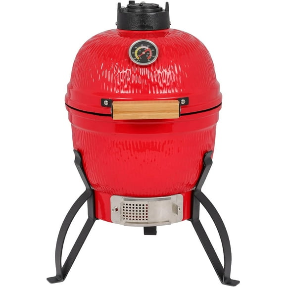13in Round Ceramic Charcoal Grill Orange Heavy Duty Ceramic Barbecue Smoker and Roaster with Built-in Thermometer and Stainless Steel Grate
