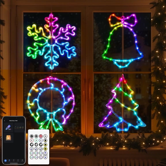 4Pcs Smart Christmas Window Lights 192 LED Multicolor Lights with 4 Holiday Shapes Snowflake Bell Wreath Tree Music Sync App & Remote Control 80 Preset Modes Timer Function Adjustable Brightness
