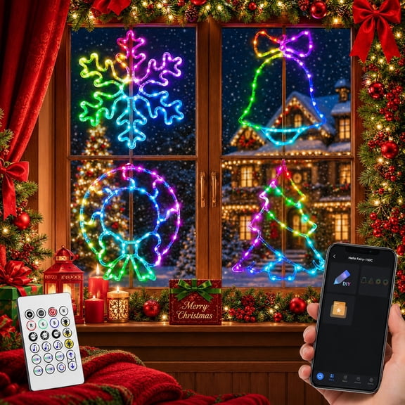 4 Pack Christmas Window Lights with RGB LED Holiday Shapes, Smart App & Remote Control Music Sync Timer Snowflake Bell Wreath Tree Decorations for Indoor Holiday Decor