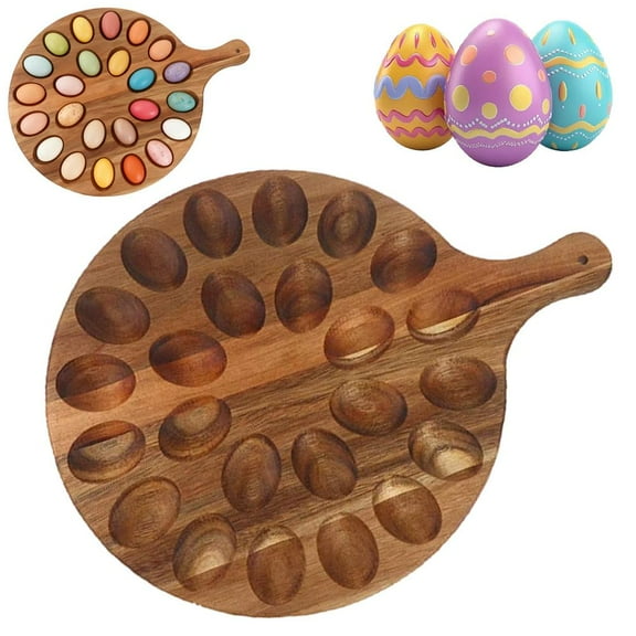 13in Wooden Egg Tray,24 Holes Round Egg Holder Container Charcuterie Board for Kitchen Countertops,easter egg Serving Tray