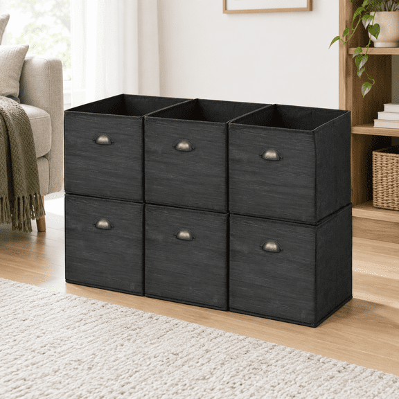 13inch Black Wood Grain Printing Fabric Cube Storage Bins Set of 6