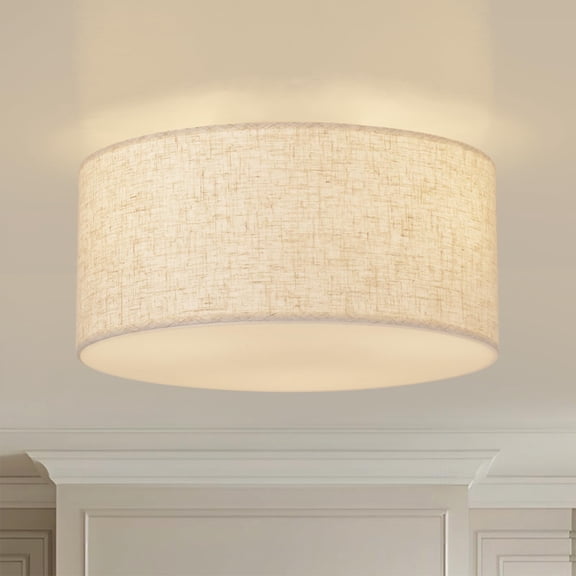 13inch Semi Flush Mount Ceiling Light Fixture Linen Shade 3-light Drum For Living Room Bedroom Dining Hallway