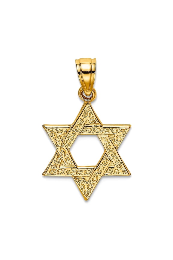 13mm 14k Gold Religious Judaica Star of David With Engraved Swirls Jewish Pendant Necklace for Women