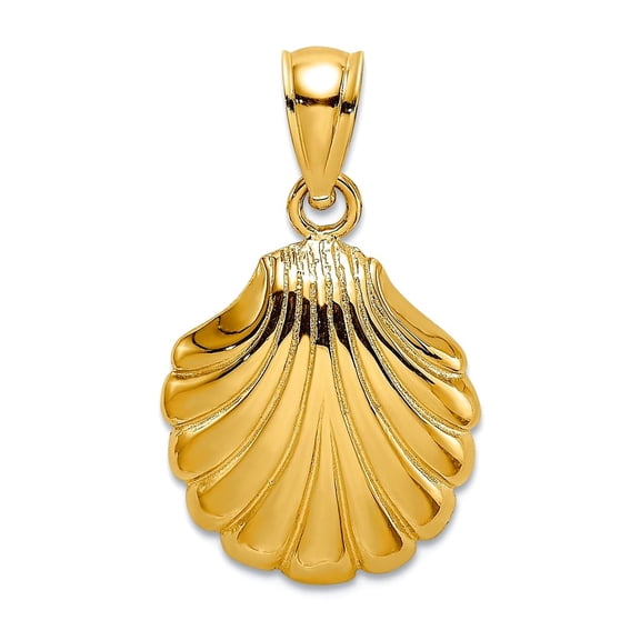 13mm 14k Gold Scallop Shell High Polish / 2-d Charm Pendant Necklace for Women - 1.5 Grams