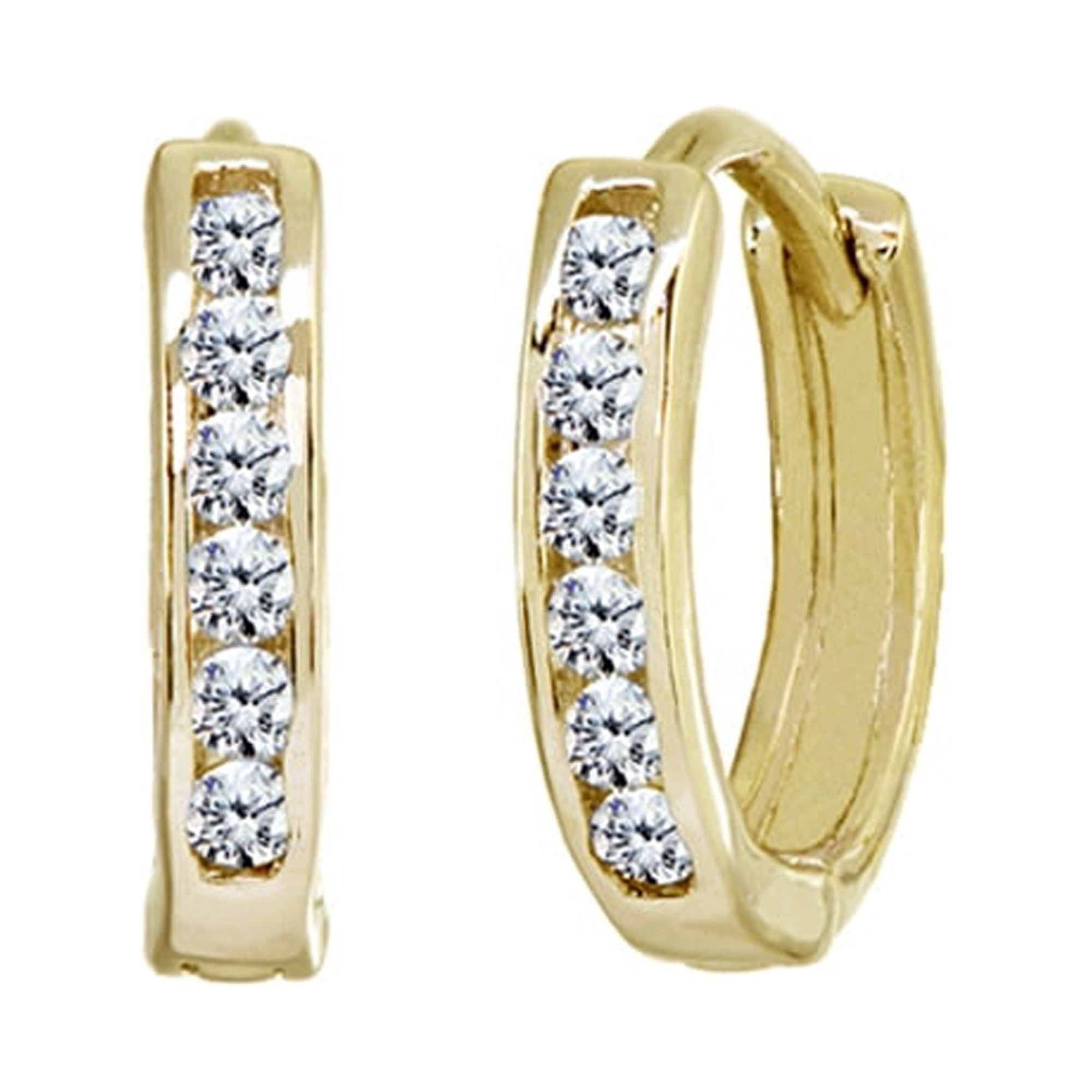 13mm CZ Channel-Set Round Huggie Hoop Earrings Gold Flash 925 Silver