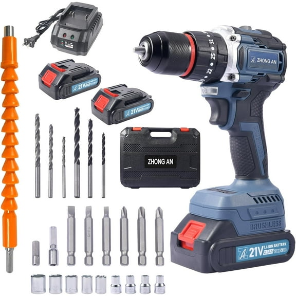 13mm Cordless Drill 2 Variable Speed,with 1 Charger and 2 Batteries,Electric Power Drill Set 24 Driver Bits,Durable and Portable,21V 2000mAh
