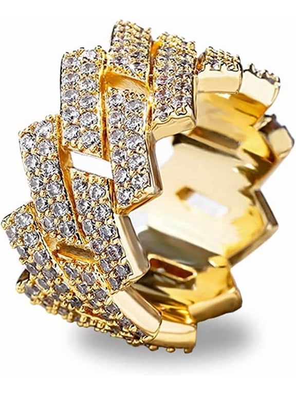 13mm Cuban Link Ring Bling Iced Out 2 Row CZ Diamond Hip Hop Engagement Band Ring for Women Men