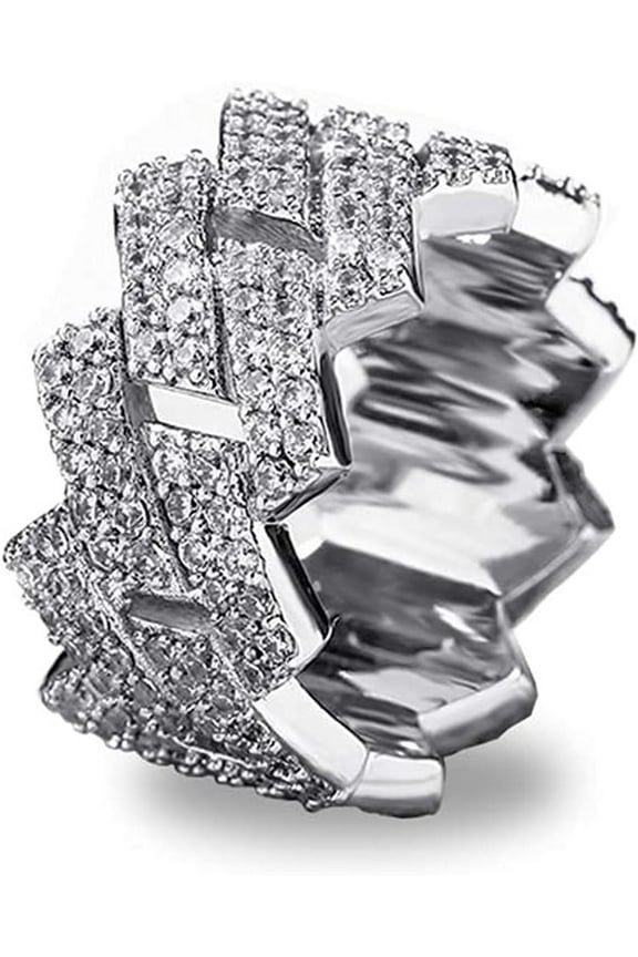 13mm Cuban Link Ring Bling Iced Out 2 Row CZ Hip Hop Engagement Band Ring for Women Men