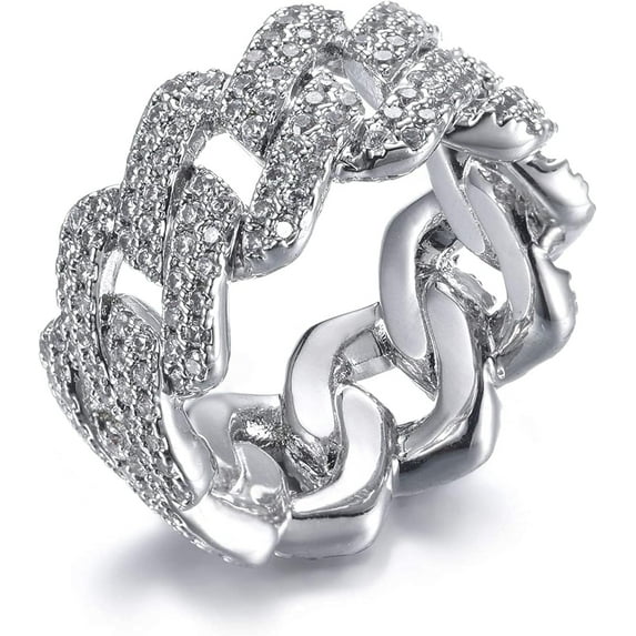 13mm Cuban Link Ring Bling Iced Out 2 Row CZ Hip Hop Engagement Band Ring for Women Men