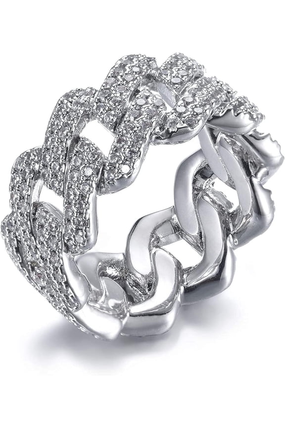 13mm Cuban Link Ring Bling Iced Out 2 Row CZ Hip Hop Engagement Band Ring for Women Men