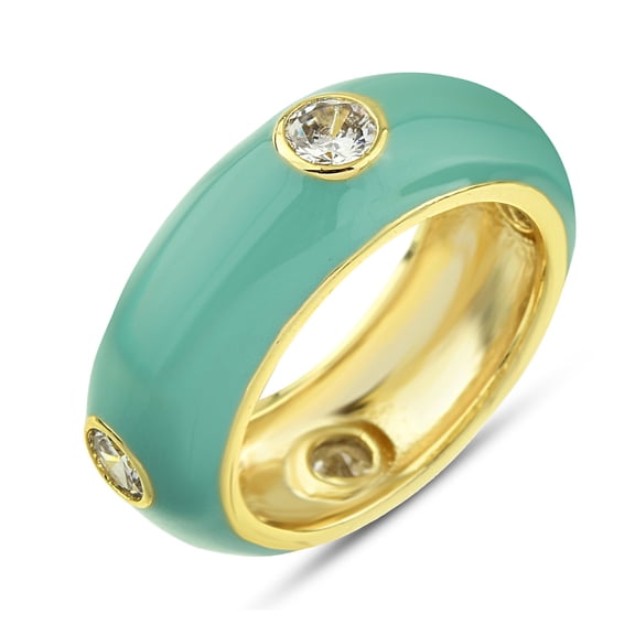 13mm Emerald Green Enamel Ring Size 7 Donut Band Ring with Clear Zirconia Crystals - 14K Gold Plated Brass Ring - Minimalist Thumb Ring