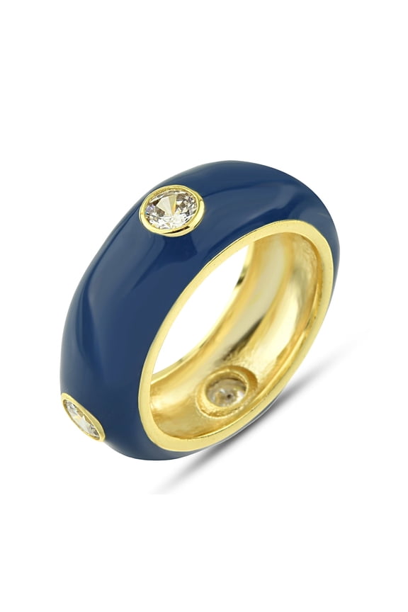 13mm Navy Blue Enamel Ring Size 7 Donut Band Ring with Clear Zirconia Crystals - 14K Gold Plated Brass Ring - Minimalist Thumb Ring