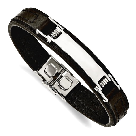 13mm Stainless Steel Polished Black Leather ID Bracelet 8.25 Inch Identification Bracelet for Women