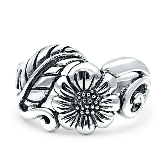 13mm Sunflower Sunshine Flower & Leaves Band Solid 925 Sterling Silver Ring Size 2