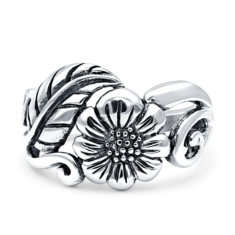 13mm Sunflower Sunshine Flower & Leaves Band Solid 925 Sterling Silver Ring  Size 4