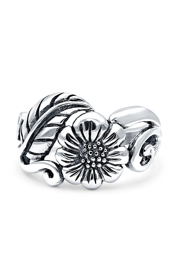 13mm Sunflower Sunshine Flower & Leaves Band Solid 925 Sterling Silver Ring Size 6