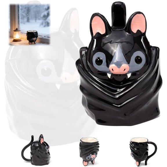 13oz Bat Upside Down Shaped Mug, Cute 3D Ceramic Mug with Tail Handle, Handmade Playful Durable Animal Shaped Coffee Cup for Office and Home, Holiday Gift