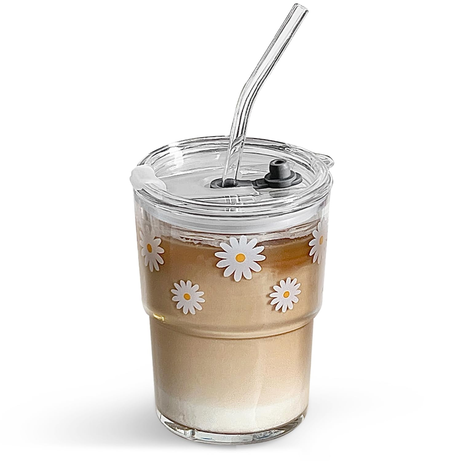 13oz Clear Glass Tumbler with Straw Lid, Reusable Iced Coffee Cup for ...