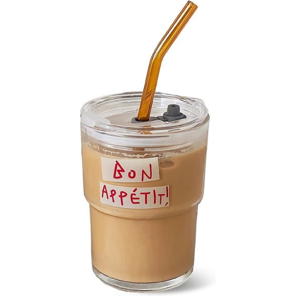 13oz Glass Tumbler with Straw and Lid, Reusable Iced Coffee Cup Tumbler, Cute Glass Cups for Water, Matcha, Travel Coffee Mugs