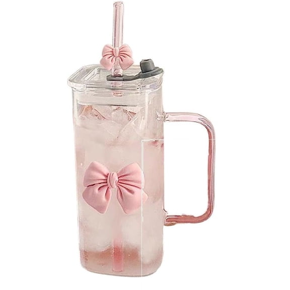 13oz Square Glass Drinking Cups with Lids & Straws Heat-Resistant Transparent Tumblers with Bow, Perfect for Water, Juice, Iced Coffee, Milk & Tea(RL 1 PC)
