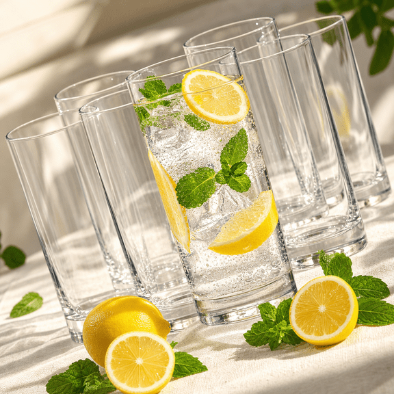 13oz Tall Drinking Glass Set 6, Highball Cocktail Bar Glassware