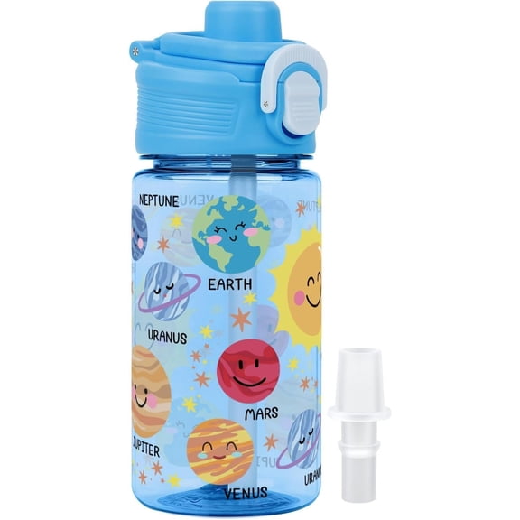 13oz  Water Bottle,  Water Bottle with Bite & Sip Straw, , Handle, Leak-Proof, and Pop-Up Spout Cover, Safe for School  Travel & Camp, Solar System