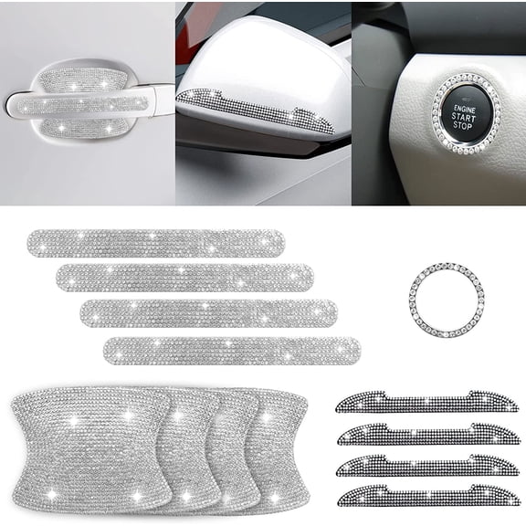 13pcs Bling Car Door Handle Scratch Protector, White Reflective Trim Stickers, Crystal Glitter Car Door Handle Protection Rhinestone Door Bowl Handle Strip and Decals Car Accessories for Women