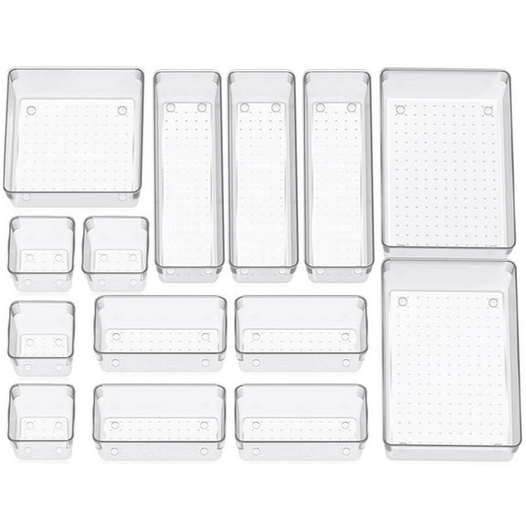 13pcs Desk Drawer Divider Clear Storage Box Make up Cosmetics Organiser Transparent Tidy Tray for Home Office Kitchen Table