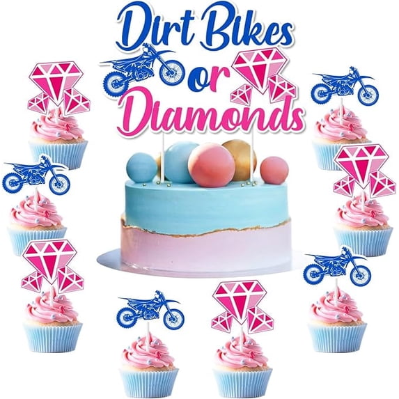 13pcs Dirt Bikes & Diamonds Unisex Gender Reveal Cake Toppers (Pink, Blue) - Durable Rectangular Shaped, Diamond Subject