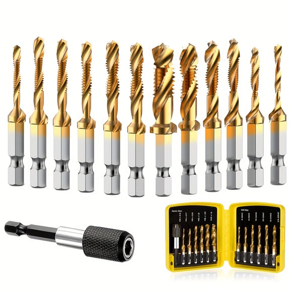 13pcs Drill Tap Bit Kit Featuring a 3-In-1 -Coated Tool for Drilling, Tapping, And Countersinking, Complete with a Quick-Change Adapter, Available in SAE And Metric Sizes