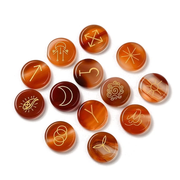 13pcs Flat Round Natural Carnelian Rune Stones Healing Stones for Chakras Balancing Therapy Meditation Reiki Divination 24.5x5.5~7.5mm
