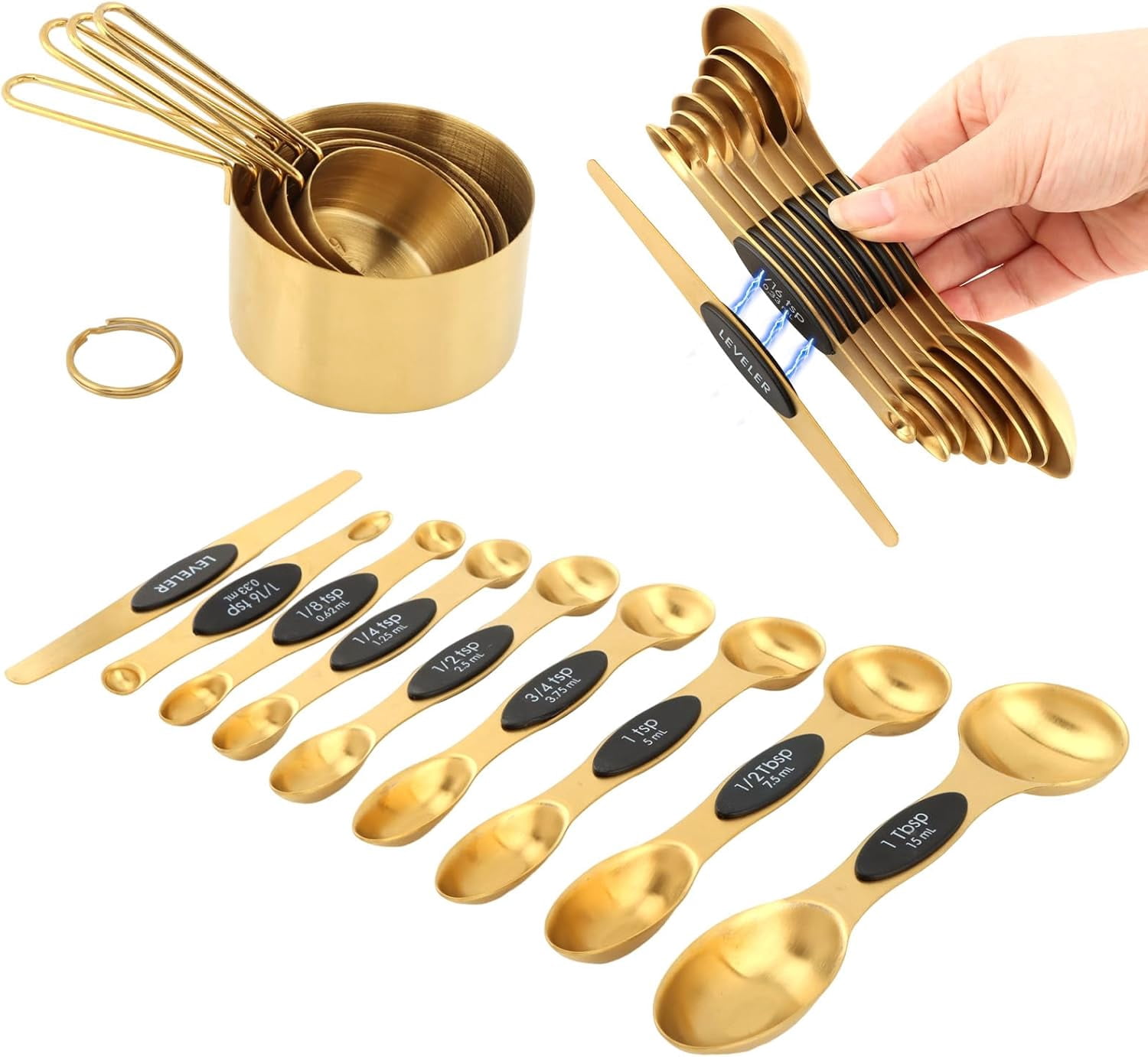 13pcs Gold Stainless Steel Measuring Cups and Spoons Set, 8 Double-Sided Magnetic & 4 Metal Measure 1 Leveler for Liquid Dry Ingredients Cooking Baking(COLOR:Gold)