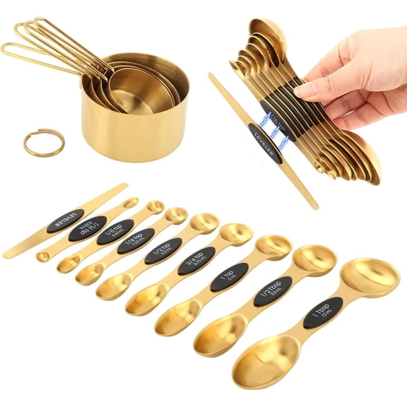 13pcs Gold Stainless Steel Measuring Cups and Spoons Set, 8 Double-Sided Magnetic Measuring Spoons & 4 Metal Measure Cups & 1 Leveler for Liquid Dry Ingredients Cooking Baking(COLOR:Gold)