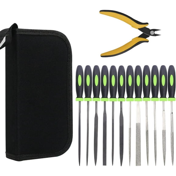 13pcs Needle File Set with 6Pcs Carbon Steel File,6Pcs Diamond File, with 1pc 5.5 Precision Flush Cutter& a Canvas Carry Bag, File Tools for Metal, Wood, Jewelry, Models, DIY, etc.