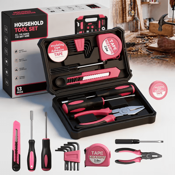 13pcs Pink Tool Kit, Includes Optional, Handheld Tools, Ideal for Basic Home Repairs, Beginner-Friendly, DIY Maintenance, Auto Repair Shops, Dorm Rooms, And More Versatile Scenarios