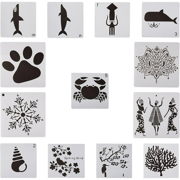 13pcs Plastic Drawing Stencil Dog Paw Print Snowflake Lotus Flower Human Flower Bird akura Tree Animal Reusable Template 6x6inch