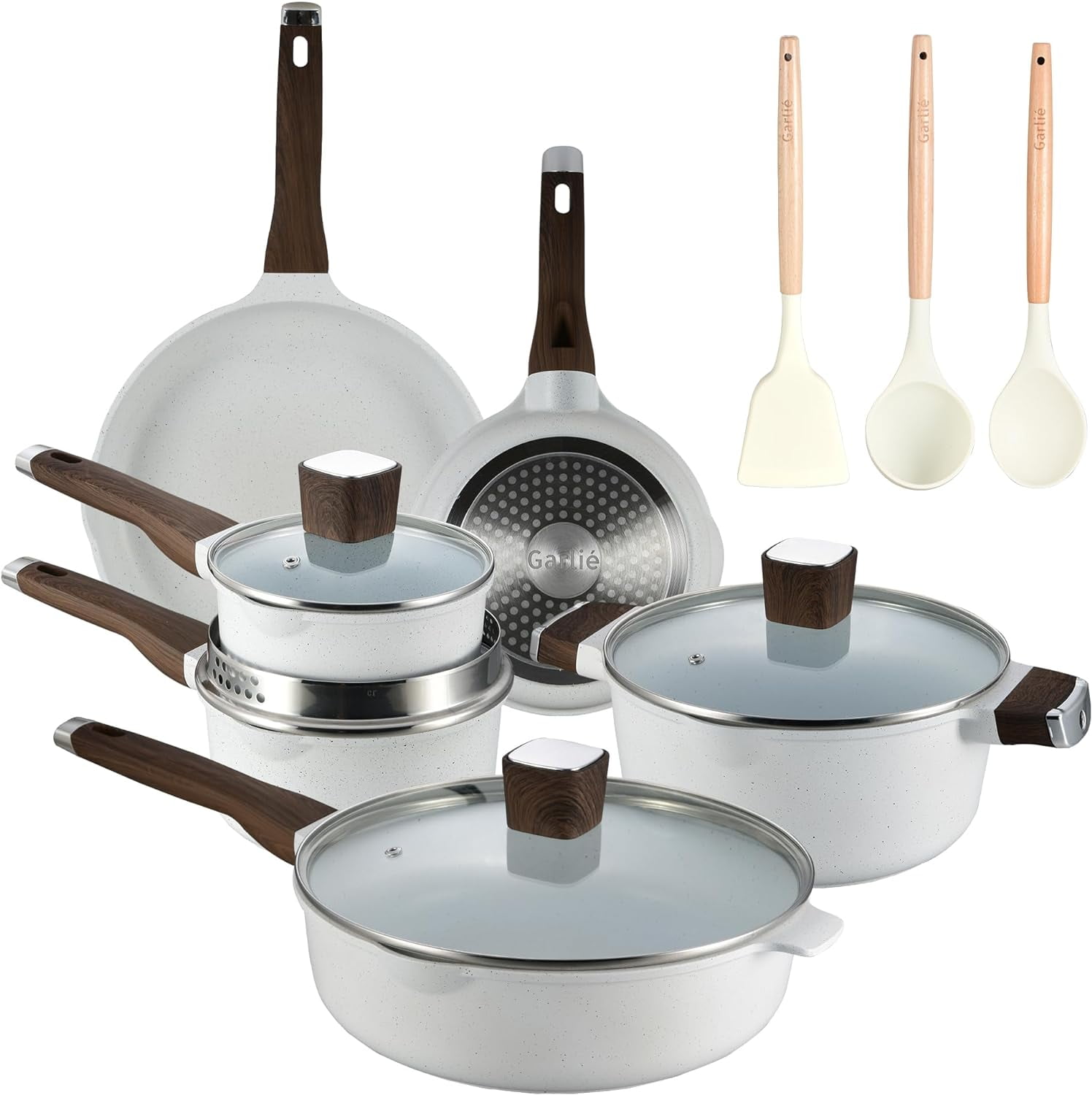 13pcs Pots and Pans Set, Nonstick White Granite, Cookware Sets Suitable
