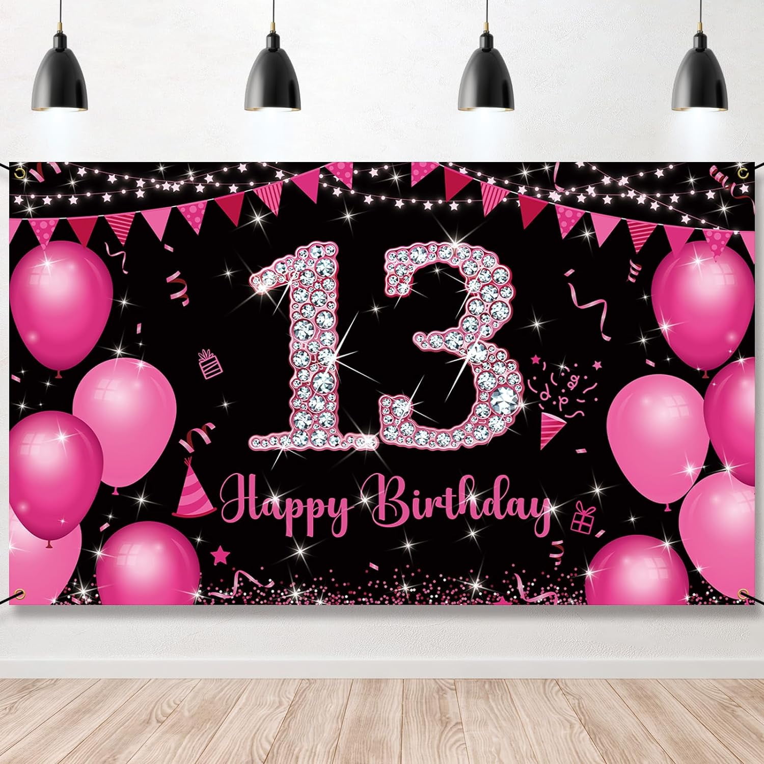 13th Birthday Backdrop Banner Hot Pink, Happy 13th Birthday Decorations ...