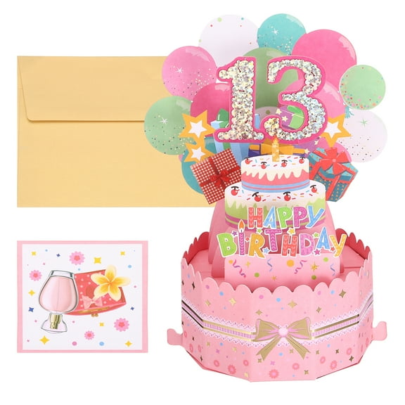 Uxcell 13th Birthday Card, Pop-Out Birthday Card with Greeting Card and Envelope for Women Girl Gift, Pink